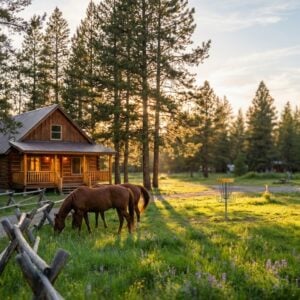 Two brown horses grazing in a lush green meadow next to a rustic wooden cabin with a lit porch. A wooden split-rail fence runs along a dirt path in the foreground. In the background, tall pine trees, a parked RV motorhome, and a disc golf basket are bathed in warm sunset lighting.