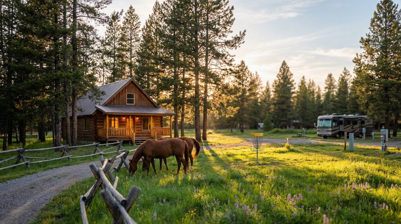 Two brown horses grazing in a lush green meadow next to a rustic wooden cabin with a lit porch. A wooden split-rail fence runs along a dirt path in the foreground. In the background, tall pine trees, a parked RV motorhome, and a disc golf basket are bathed in warm sunset lighting.