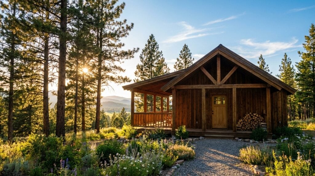 A rustic wooden cabin with a covered porch and stacked firewood sits at the end of a gravel path, surrounded by tall pine trees and blooming wildflowers during a golden sunset, with mountains visible in the distance.