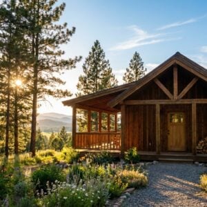 A rustic wooden cabin with a covered porch and stacked firewood sits at the end of a gravel path, surrounded by tall pine trees and blooming wildflowers during a golden sunset, with mountains visible in the distance.