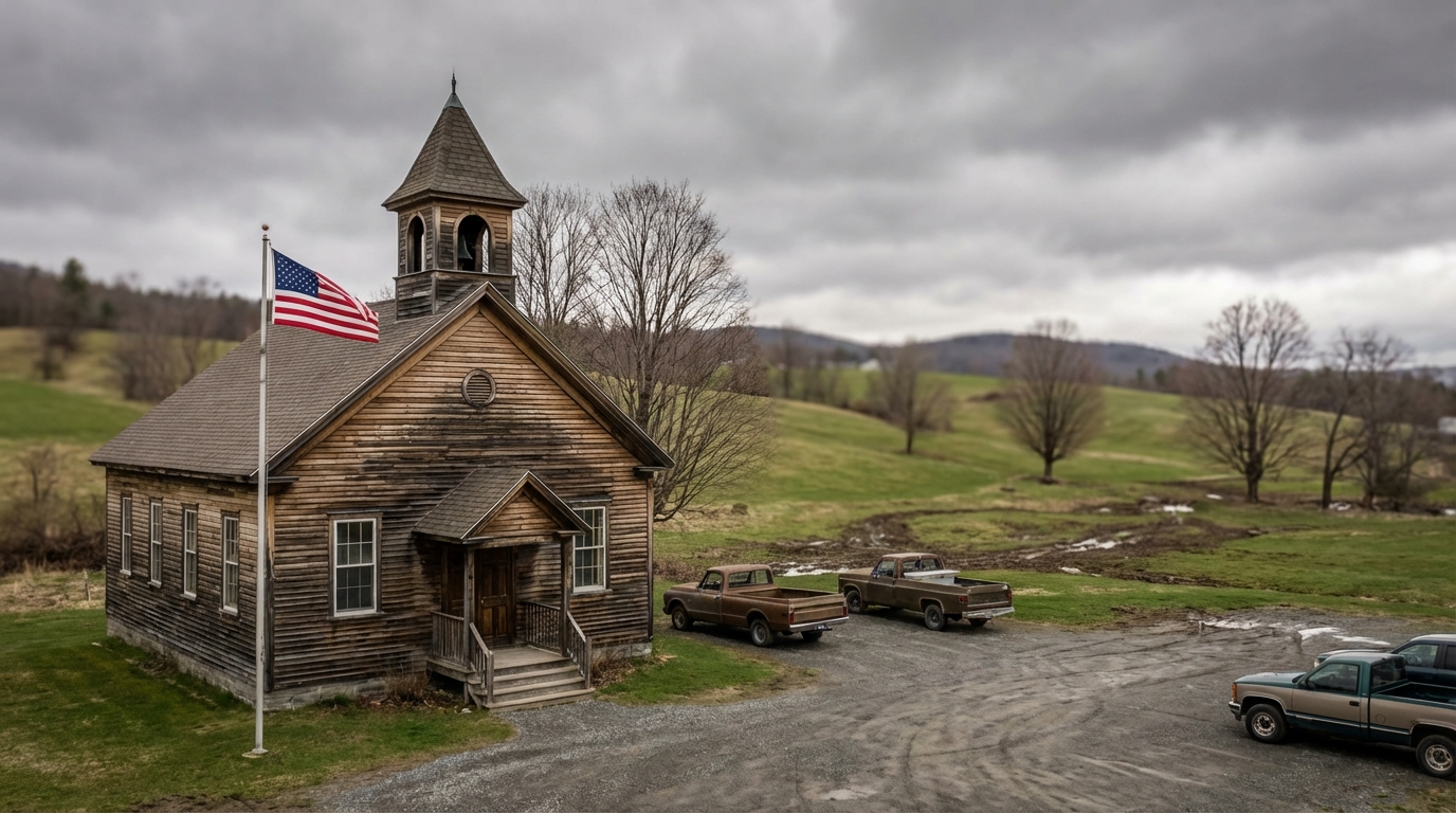 Old wooden one-room schoolhouse with a bell tower and American flag flying on a pole, situated in a rural landscape with rolling green hills, leafless trees, and parked pickup trucks under an overcast sky
