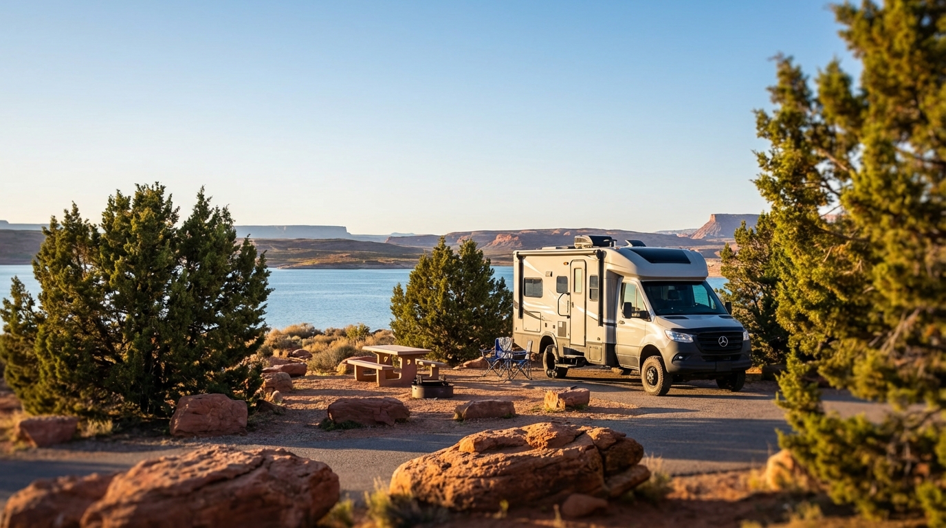A modern Mercedes-Benz motorhome parked at a scenic desert campsite with a picnic table and chairs overlooking a bright blue lake surrounded by red rock mesas and green bushes