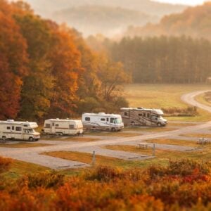 Several RVs and motorhomes parked at a scenic campground surrounded by vibrant orange and red fall foliage, with a winding road and misty hills in the distance.