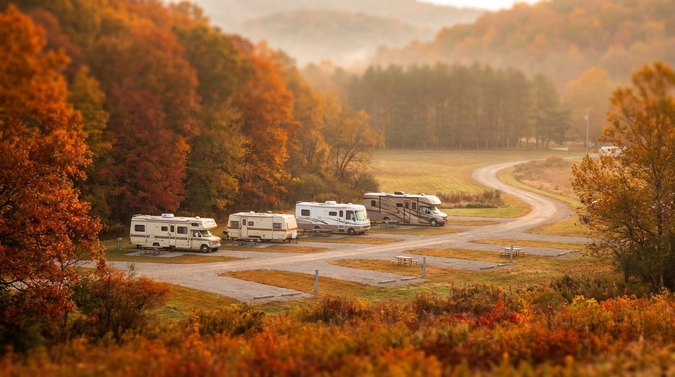 Several RVs and motorhomes parked at a scenic campground surrounded by vibrant orange and red fall foliage, with a winding road and misty hills in the distance.