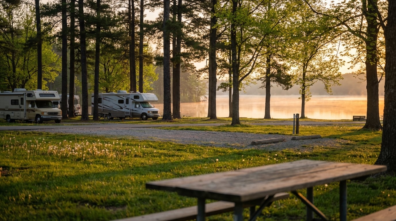 Several RV motorhomes parked at a scenic lakeside campground under tall trees during a misty golden sunrise, with a wooden picnic table on a grassy lawn in the foreground.