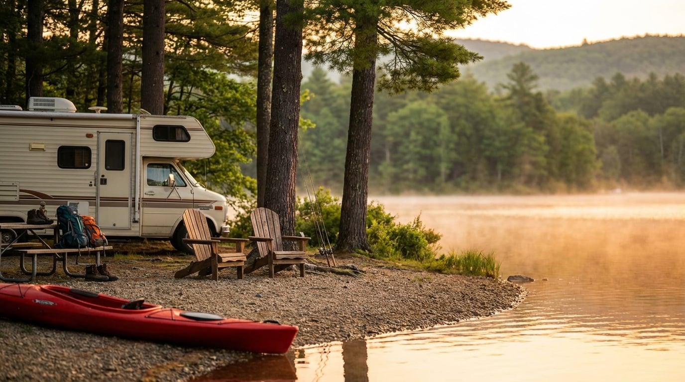 White RV parked at a misty lakeside campsite during a golden sunrise, featuring a red kayak on the rocky shore, two wooden Adirondack chairs facing the calm water, fishing poles leaning against a pine tree, and a picnic table loaded with hiking backpacks.