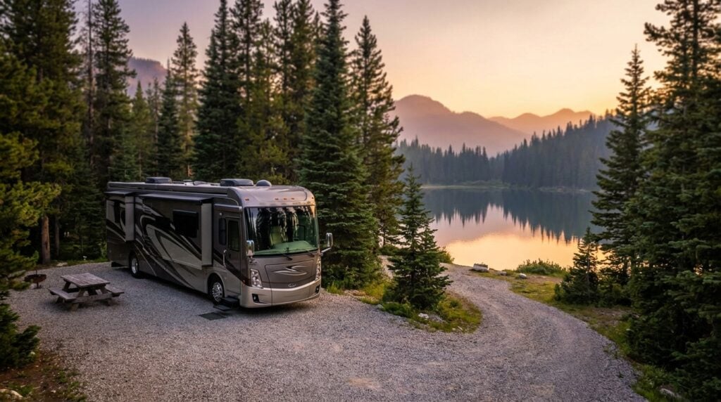 A luxury motorhome parked on a scenic gravel campsite next to a picnic table, surrounded by tall pine trees with a calm lake and hazy mountains in the background during sunset.