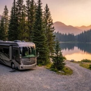 A luxury motorhome parked on a scenic gravel campsite next to a picnic table, surrounded by tall pine trees with a calm lake and hazy mountains in the background during sunset.