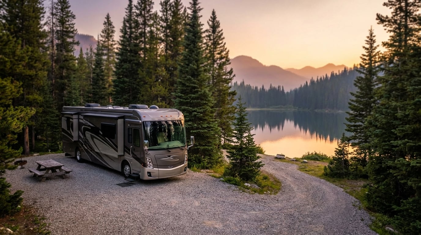 A luxury motorhome parked on a scenic gravel campsite next to a picnic table, surrounded by tall pine trees with a calm lake and hazy mountains in the background during sunset.