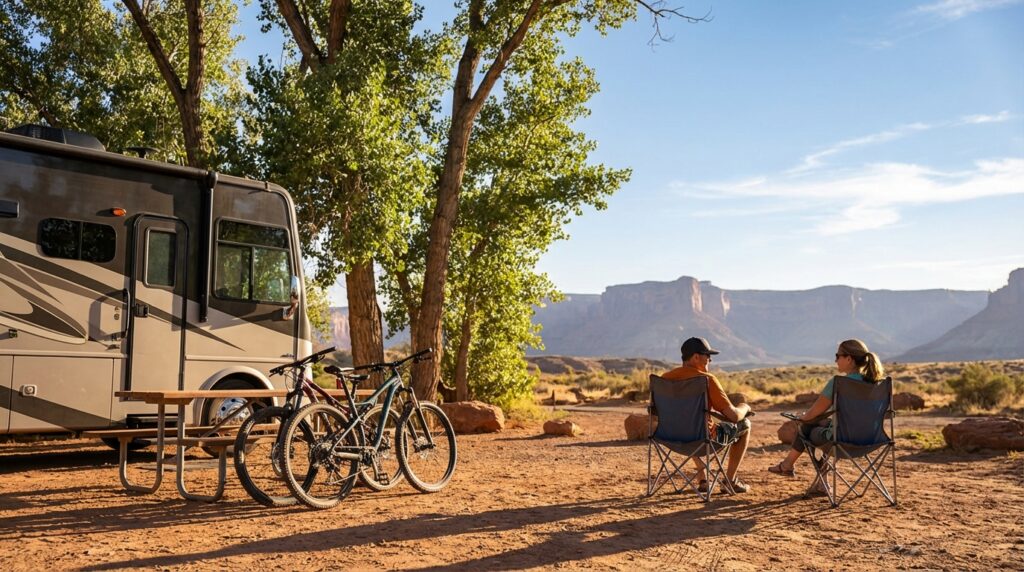 A couple relaxes in folding camp chairs at a scenic desert campsite, looking toward distant red rock mesas. A large motorhome, a wooden picnic table, and two mountain bikes are parked under shade trees nearby.