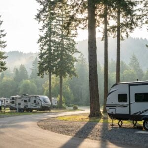 Several travel trailers parked along a winding paved road in a forested RV campground featuring tall evergreen trees, sunlight filtering through the branches, and misty mountains in the background.