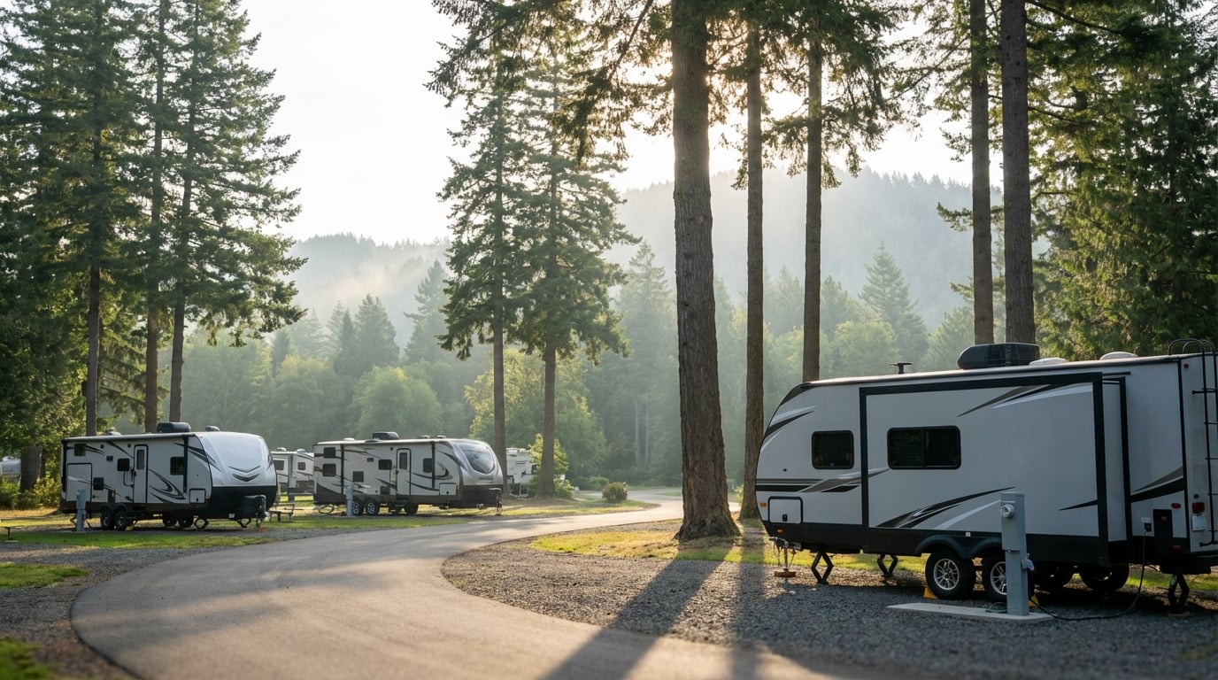 Several travel trailers parked along a winding paved road in a forested RV campground featuring tall evergreen trees, sunlight filtering through the branches, and misty mountains in the background.