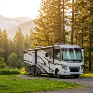 A modern Class A motorhome parked on a gravel campsite in a lush pine forest during golden hour, with misty mountains in the background and two camping chairs set up outside.