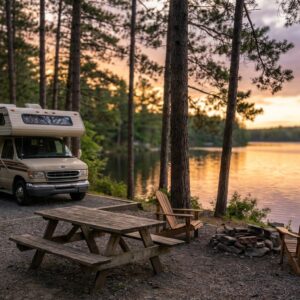Beige Class C motorhome parked at a tranquil lakeside campsite at sunset, surrounded by tall pine trees, with a wooden picnic table, stone fire pit, and two chairs facing the calm water reflecting the colorful sky.