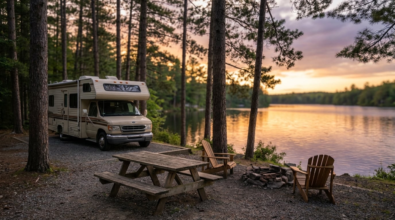 Beige Class C motorhome parked at a tranquil lakeside campsite at sunset, surrounded by tall pine trees, with a wooden picnic table, stone fire pit, and two chairs facing the calm water reflecting the colorful sky.