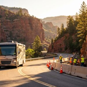 Large beige RV driving past a road construction crew working behind concrete barriers and orange cones on a winding scenic highway lined with red rock cliffs and pine trees
