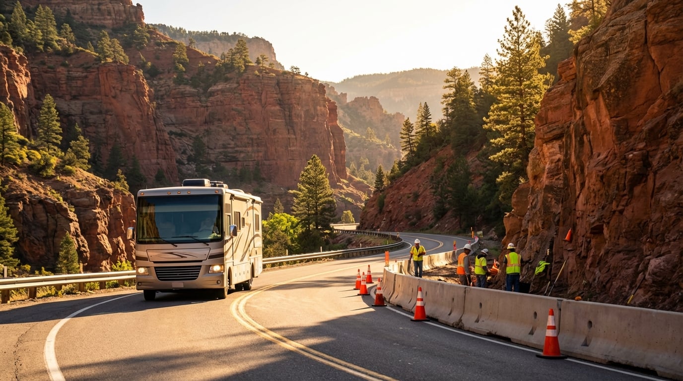 Large beige RV driving past a road construction crew working behind concrete barriers and orange cones on a winding scenic highway lined with red rock cliffs and pine trees