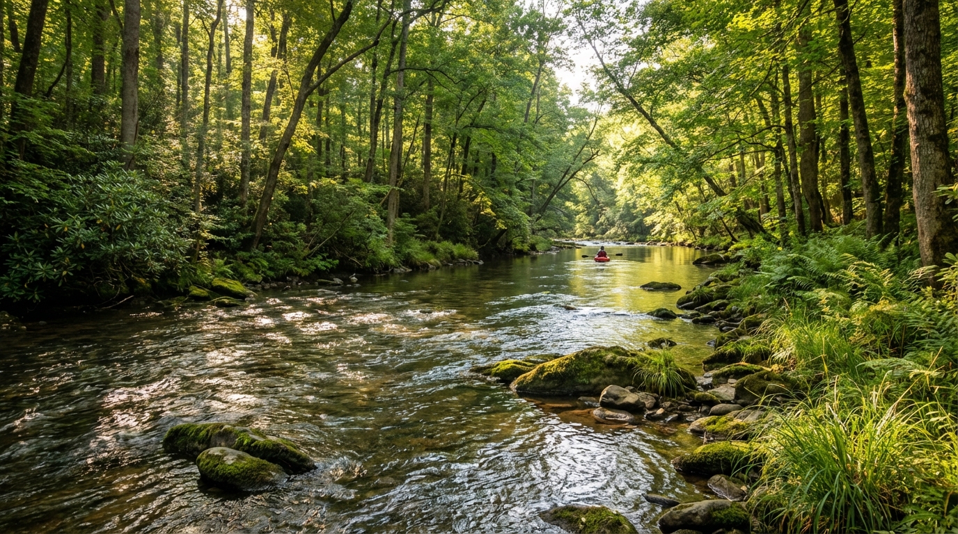 A lone kayaker in a red boat paddles down a wide, shallow river surrounded by a lush green forest, with sunlight filtering through the trees onto the flowing water and mossy rocks.
