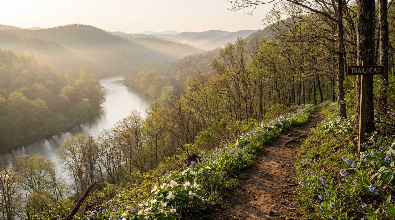 A scenic dirt hiking trail bordered by white and blue spring wildflowers passes a wooden Trailhead sign on a wooded ridge, overlooking a winding river in a misty, forested mountain valley bathed in golden morning light.