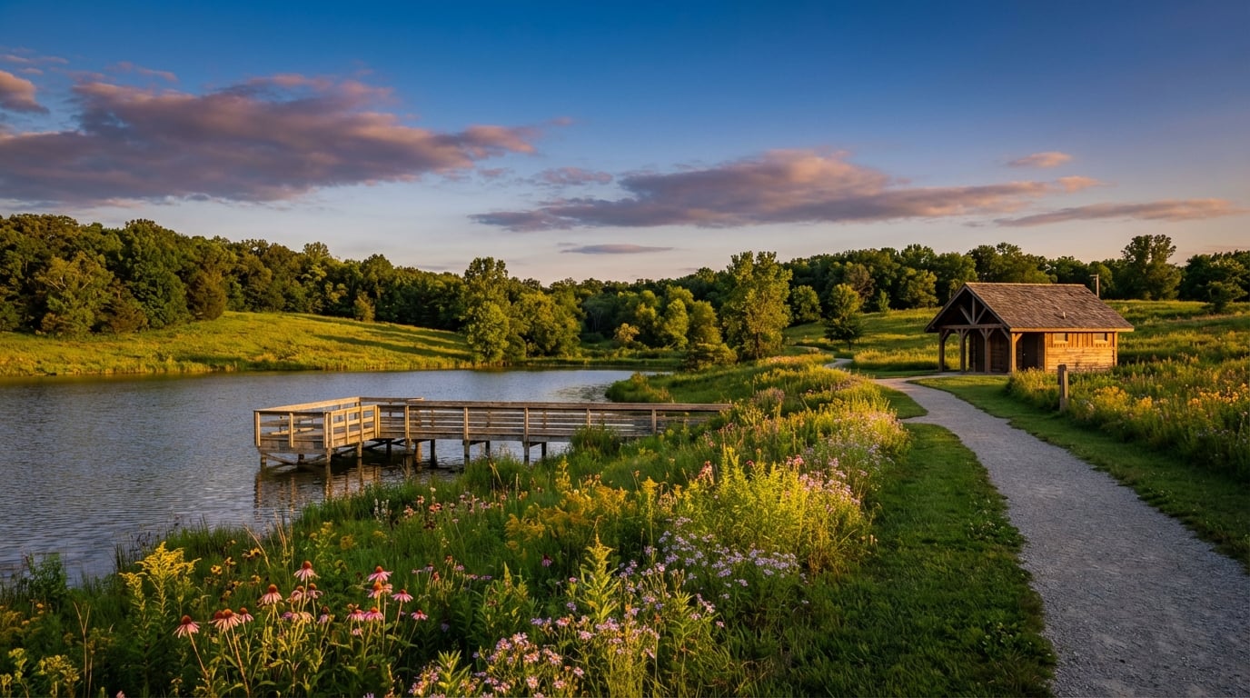 A scenic nature park landscape at sunset featuring vibrant purple and yellow wildflowers, a calm lake with a wooden fishing pier, and a gravel walking path leading past a small rustic wooden pavilion toward rolling green hills.
