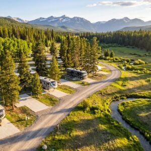 Aerial view of a scenic RV campground nestled in a forested mountain valley. Large motorhomes are parked on concrete pads along a winding gravel road beside a meandering stream. A campground building with solar panels on its roof sits to the left, surrounded by lush green pine trees and distant snow-capped mountains under a bright sky.