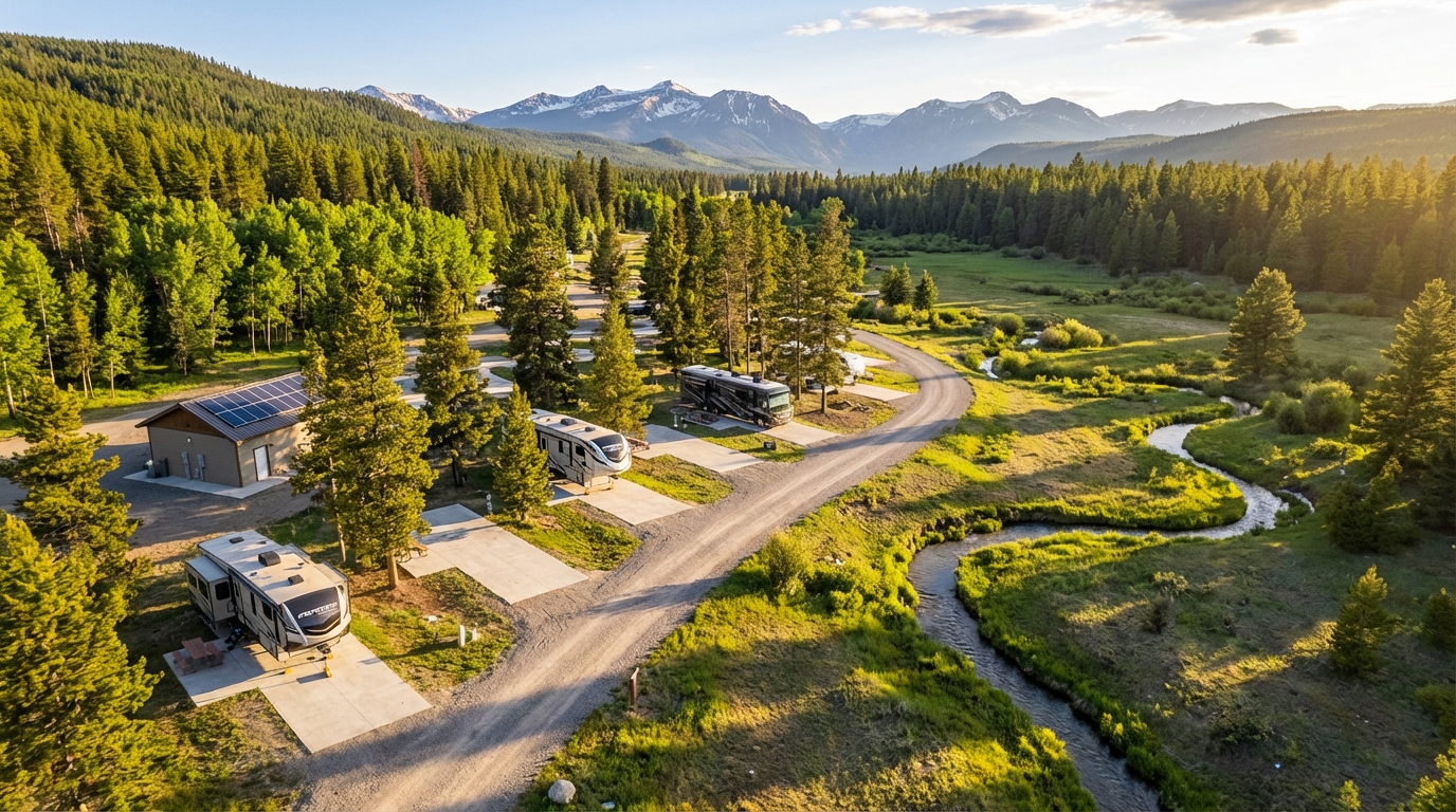 Aerial view of a scenic RV campground nestled in a forested mountain valley. Large motorhomes are parked on concrete pads along a winding gravel road beside a meandering stream. A campground building with solar panels on its roof sits to the left, surrounded by lush green pine trees and distant snow-capped mountains under a bright sky.