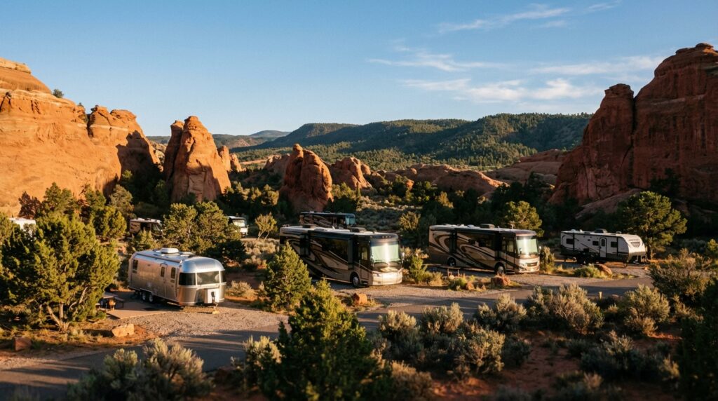 A scenic RV campground in a desert landscape featuring parked motorhomes and an Airstream trailer surrounded by towering red rock formations and green juniper trees under a clear blue sky.