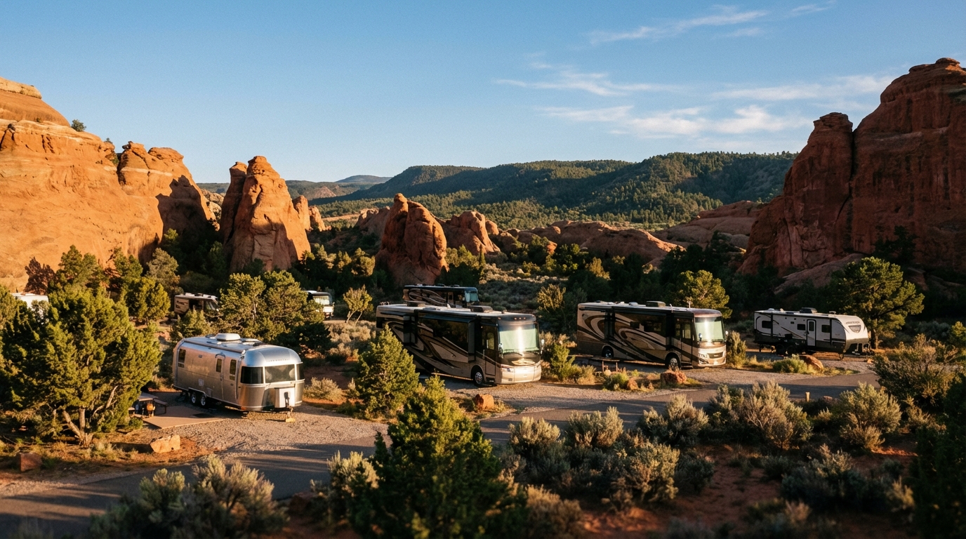 A scenic RV campground in a desert landscape featuring parked motorhomes and an Airstream trailer surrounded by towering red rock formations and green juniper trees under a clear blue sky.