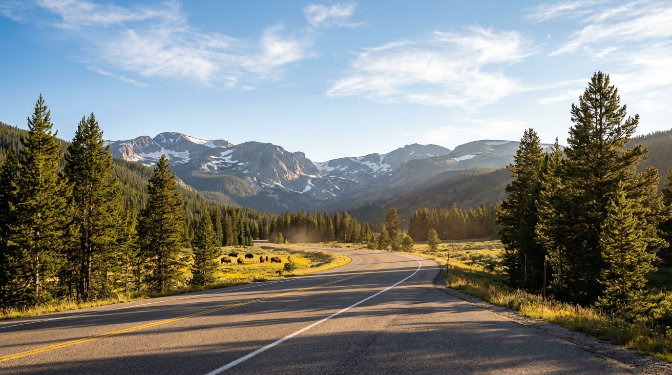A winding two-lane scenic highway curves through a valley bordered by tall evergreen trees casting long shadows. On the left, a herd of bison grazes in a sunlit grassy meadow, with majestic snow-capped mountain peaks towering in the background under a blue sky with wispy clouds.
