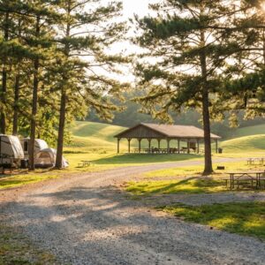 A scenic, sunlit campground featuring a gravel road winding through tall pine trees, with parked RVs, pitched tents, picnic tables, and a large wooden pavilion set against rolling green hills.