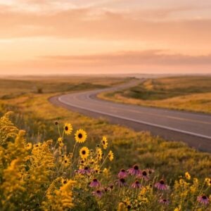 A winding two-lane country road stretches into the distance through rolling golden hills at sunset, framed by vibrant yellow and purple wildflowers in the grassy foreground.