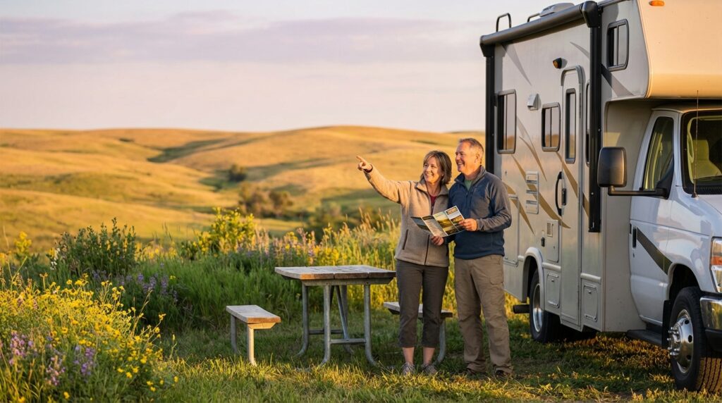 A smiling middle-aged couple stands next to a parked white RV at a scenic campsite with a wooden picnic table. The woman holds a travel map and points toward rolling, sunlit hills in the distance while yellow and purple wildflowers bloom in the foreground.