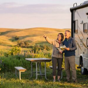 A smiling middle-aged couple stands next to a parked white RV at a scenic campsite with a wooden picnic table. The woman holds a travel map and points toward rolling, sunlit hills in the distance while yellow and purple wildflowers bloom in the foreground.