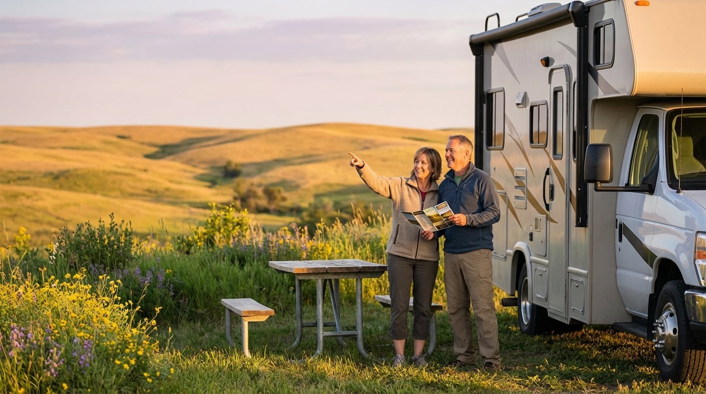 A smiling middle-aged couple stands next to a parked white RV at a scenic campsite with a wooden picnic table. The woman holds a travel map and points toward rolling, sunlit hills in the distance while yellow and purple wildflowers bloom in the foreground.