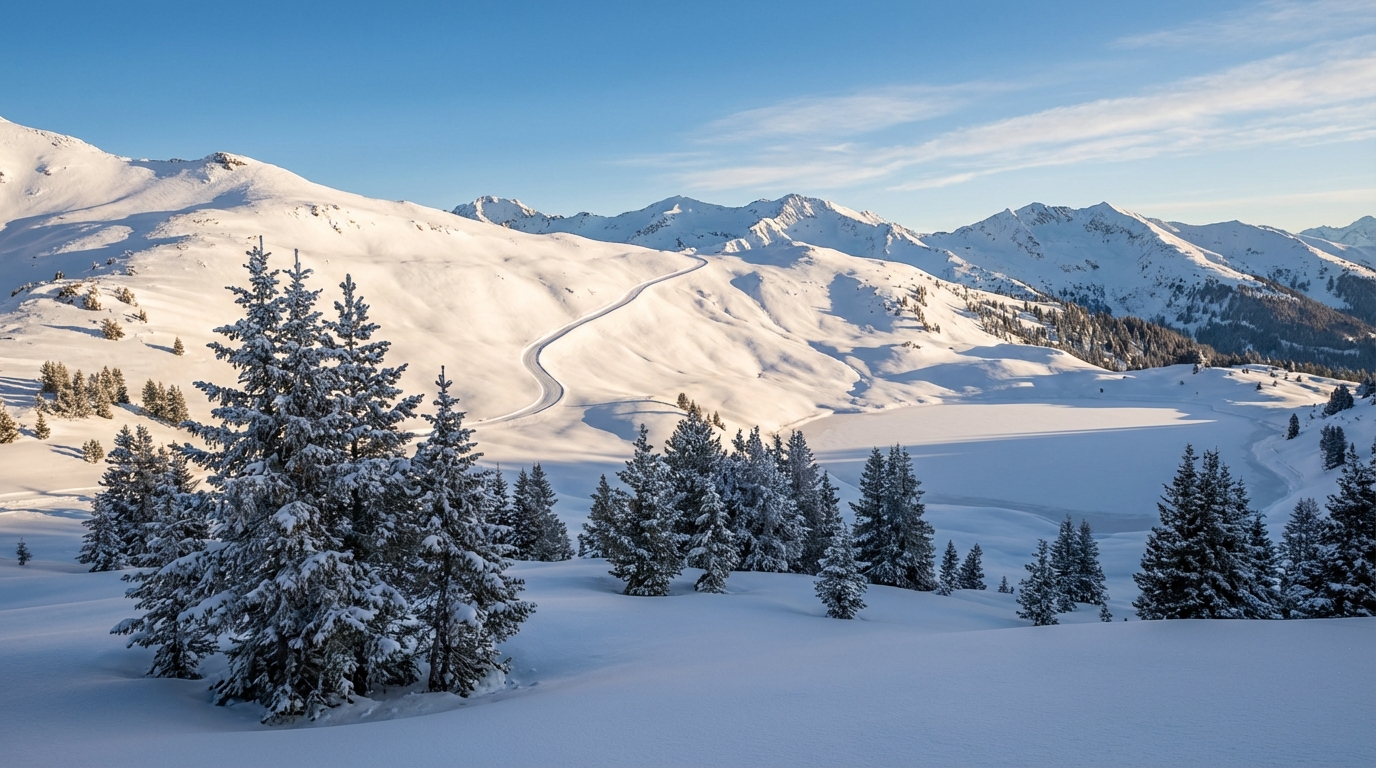 Snow-covered evergreen trees in a pristine winter alpine landscape with a winding mountain road, a flat frozen lake, and distant snow-capped peaks under a clear blue sky.
