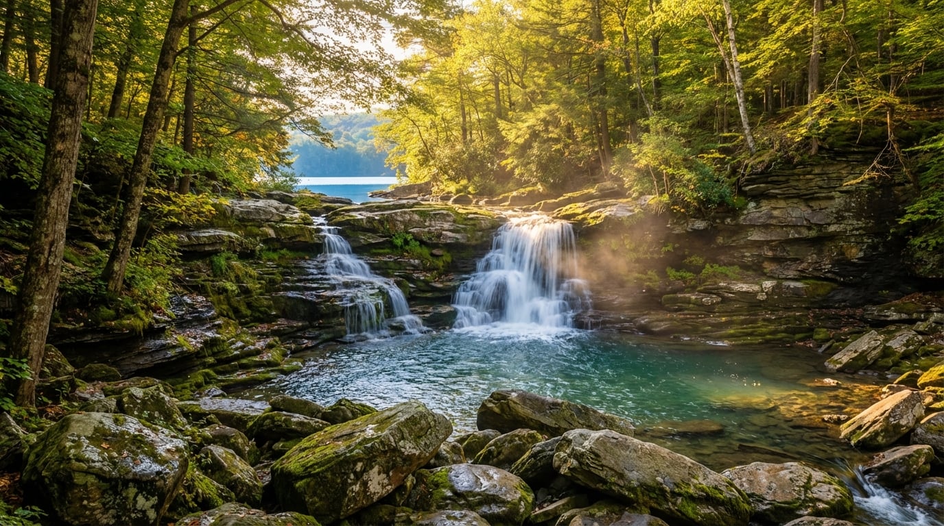 Scenic cascading waterfall flowing over tiered rocky ledges into a clear turquoise pool, surrounded by lush green forest and moss-covered boulders illuminated by warm sunlight, with a serene lake in the distance.