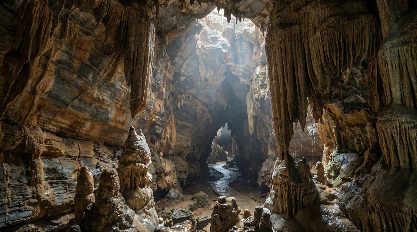 Sunlight beams through an opening in the roof of a vast underground cave, illuminating a winding pathway surrounded by towering, intricate stalactites and stalagmites.