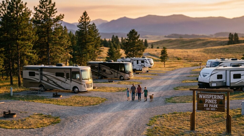A family of four walks their dog down a gravel road past parked motorhomes and travel trailers at Whispering Pines RV Park, with pine trees and a mountain range in the background during a golden sunset.