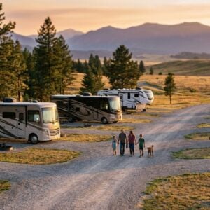 A family of four walks their dog down a gravel road past parked motorhomes and travel trailers at Whispering Pines RV Park, with pine trees and a mountain range in the background during a golden sunset.