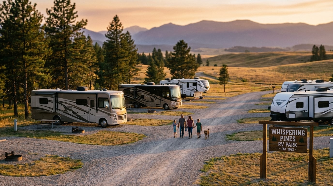 A family of four walks their dog down a gravel road past parked motorhomes and travel trailers at Whispering Pines RV Park, with pine trees and a mountain range in the background during a golden sunset.