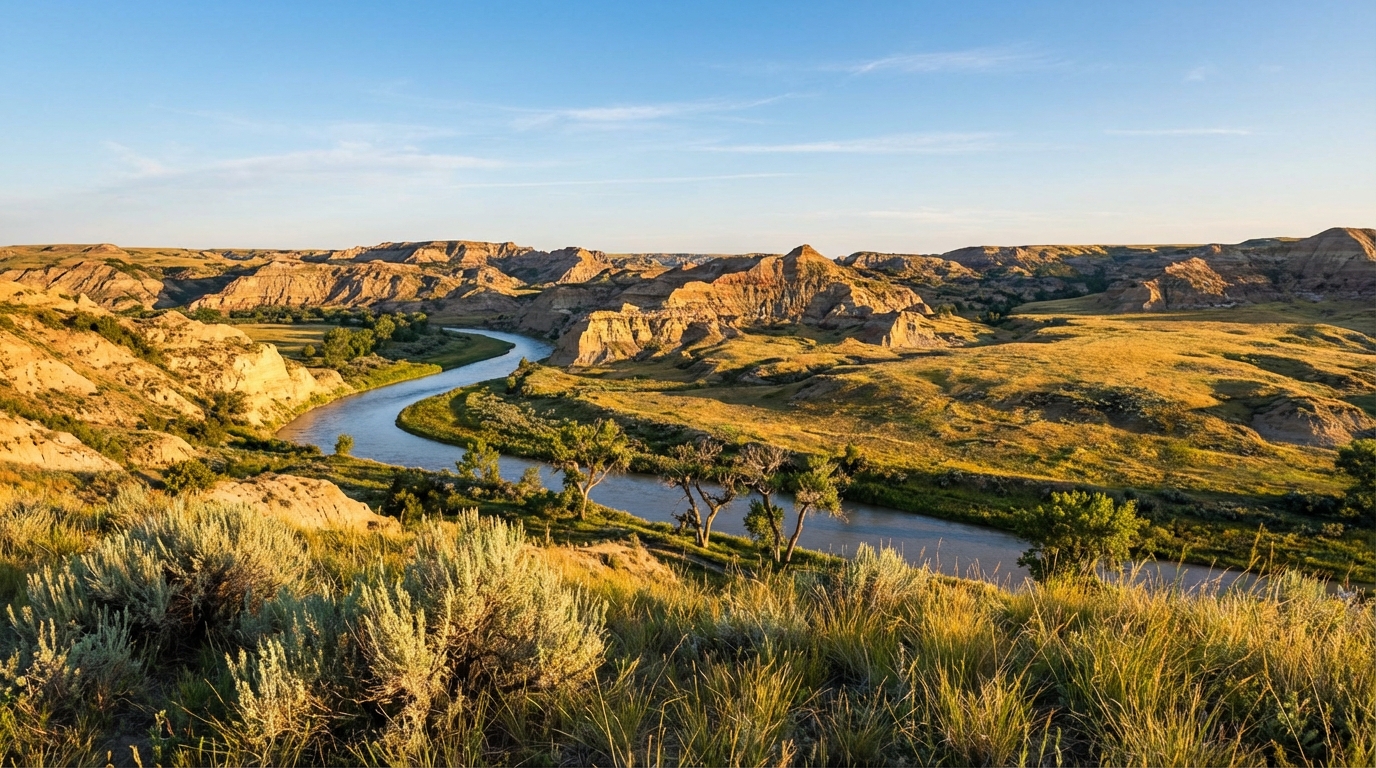 A winding blue river curves through a rugged badlands landscape during golden hour surrounded by rolling hills covered in vibrant prairie grass, scattered trees, and layered rock formations with sagebrush in the foreground under a clear blue sky