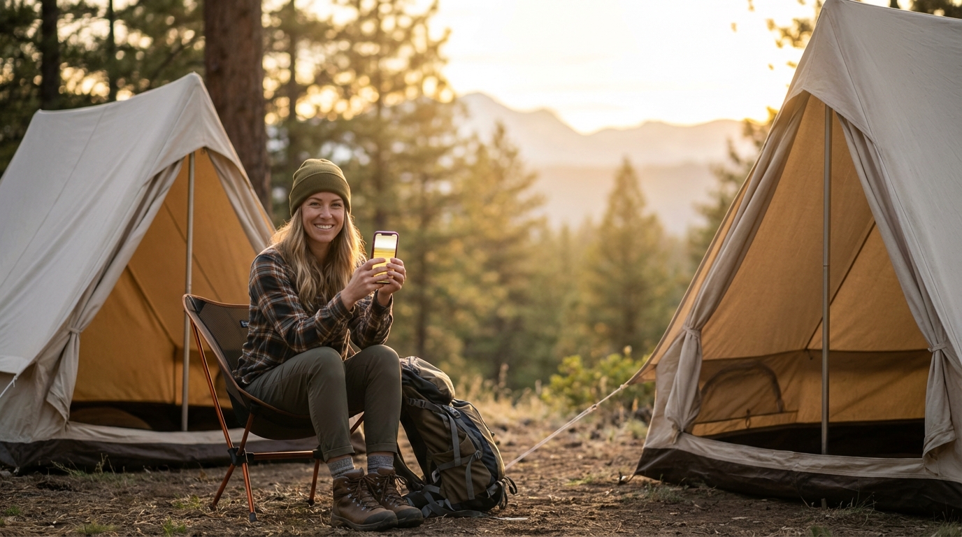 Smiling woman wearing a beanie and flannel shirt sitting in a camp chair holding a smartphone, situated between two white canvas tents at a mountain forest campsite during sunset, with a large hiking backpack resting beside her.