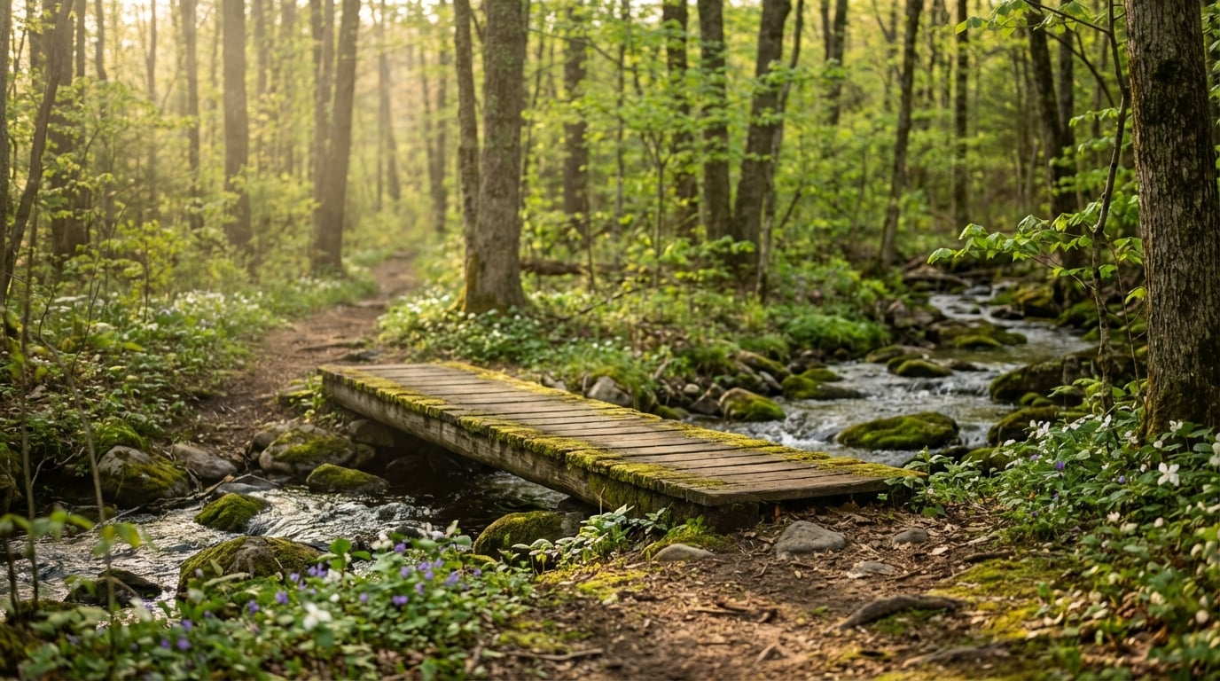 Moss-covered wooden footbridge crossing a shallow rocky stream on a dirt hiking trail in a lush green forest, with warm sunlight filtering through the trees and small wildflowers blooming in the foreground.